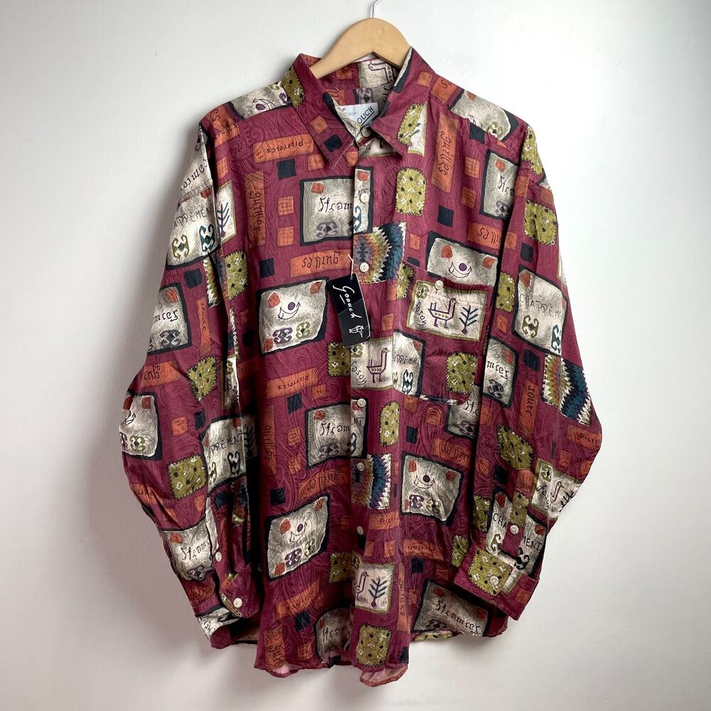 Vintage‎ 90s Goouch Silk Shirt Button Up Size L Abstract Art Loud NWT Maximalist